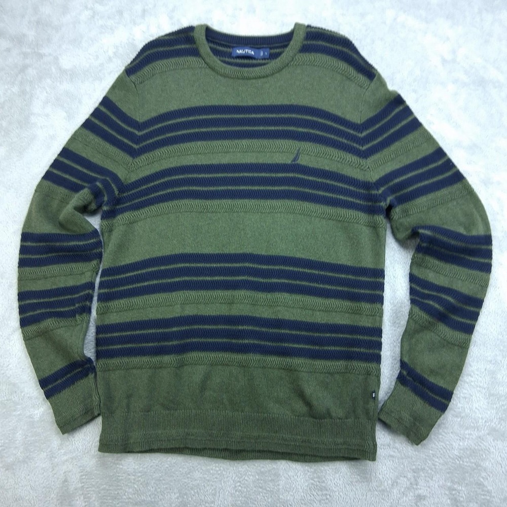 Nautica Mens Green Blue Striped Knit Crewneck Sweater Size L Preppy Classic